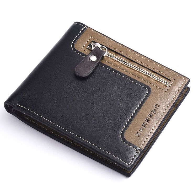 men fashion vintage block color design patchwork pu trifold wallet black pu
